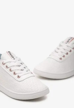 Biało-Różowe Tenisówki Ozdobione Taśmą z Napisem na Języku i Pięcie Cholewka z Perforacją Aelita