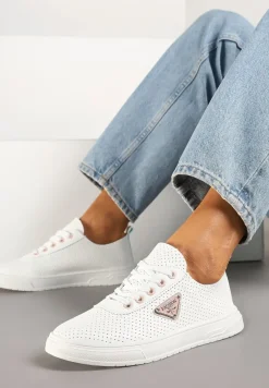 Biało-Różowe Tenisówki z Cholewką z Perforacją i Ozdobną Aplikacją Emmio