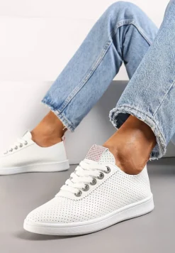 Biało-Różowe Tenisówki z Drobną Perforacją i Odblaskową Wstawką Ganira