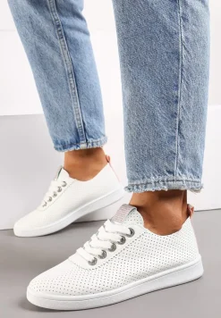 Biało-Różowe Tenisówki z Drobną Perforacją i Odblaskową Wstawką Ganira