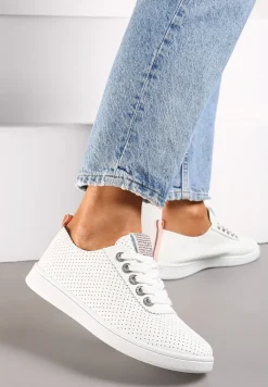 Biało-Różowe Tenisówki z Drobną Perforacją i Odblaskową Wstawką Ganira