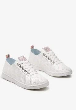 Biało-Różowe Tenisówki z Drobną Perforacją i Odblaskową Wstawką Ganira