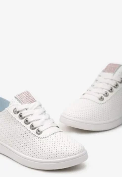 Biało-Różowe Tenisówki z Drobną Perforacją i Odblaskową Wstawką Ganira