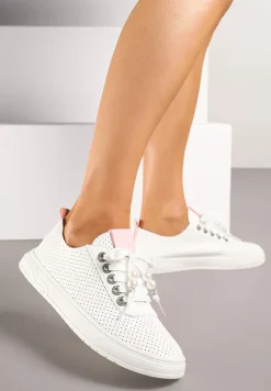 Biało-Różowe Tenisówki Zdobione Perforacją i Aplikacjami z Cyrkonii i Pereł Pasurelia