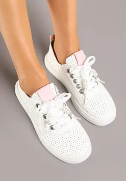 Biało-Różowe Tenisówki Zdobione Perforacją i Aplikacjami z Cyrkonii i Pereł Pasurelia
