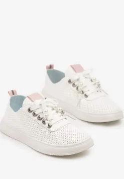 Biało-Różowe Tenisówki Zdobione Perforacją i Aplikacjami z Cyrkonii i Pereł Pasurelia