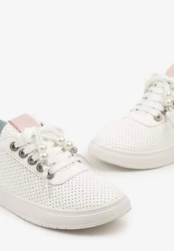 Biało-Różowe Tenisówki Zdobione Perforacją i Aplikacjami z Cyrkonii i Pereł Pasurelia