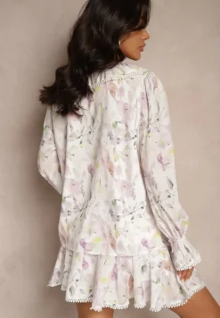 Biało-Różowy Komplet z Wiskozy Zdobiony Falbankami Bluzka i Spódnica Neltebis