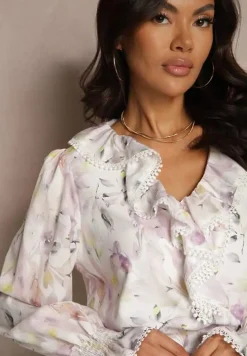 Biało-Różowy Komplet z Wiskozy Zdobiony Falbankami Bluzka i Spódnica Neltebis