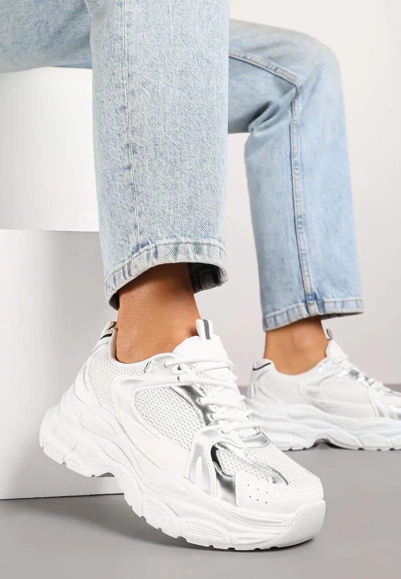 Biało-Srebrne Sneakersy Vices na Platformie Ozdobione Tłoczeniem Natiselle