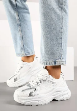 Biało-Srebrne Sneakersy Vices na Platformie Ozdobione Tłoczeniem Natiselle