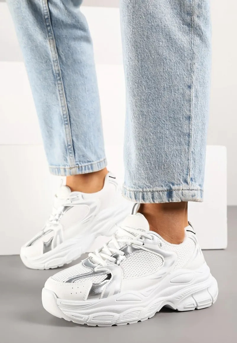 Biało-Srebrne Sneakersy Vices na Platformie Ozdobione Tłoczeniem Natiselle