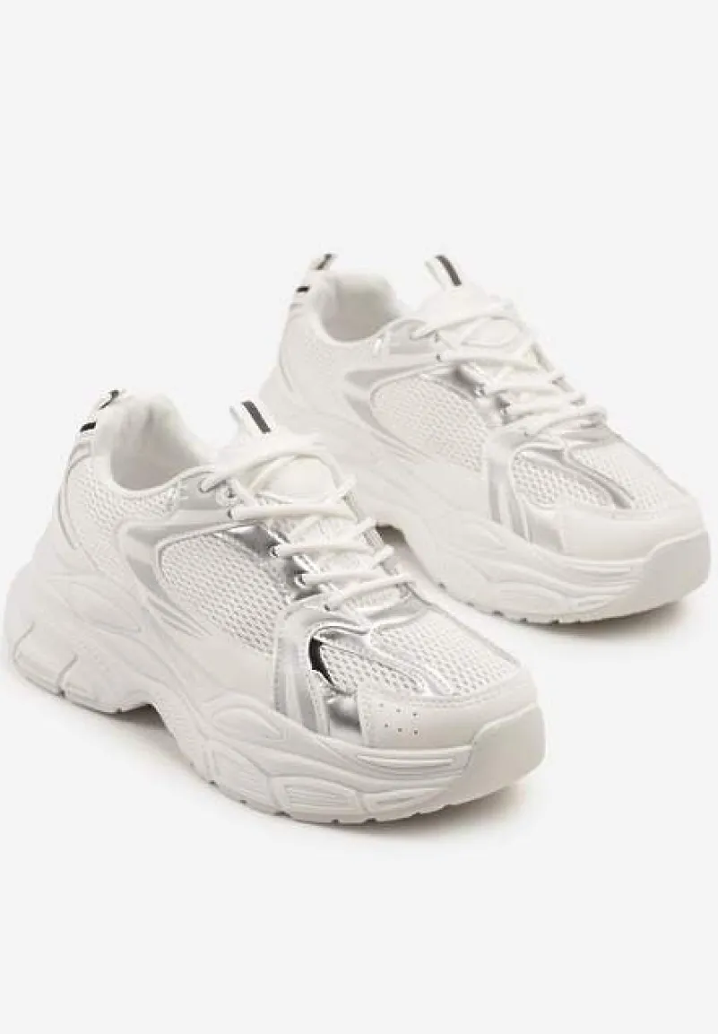 Biało-Srebrne Sneakersy Vices na Platformie Ozdobione Tłoczeniem Natiselle