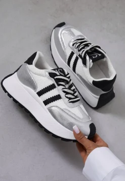 Biało-Srebrne Sneakersy Vices na Platformie z Metalicznymi Paskami Lenela