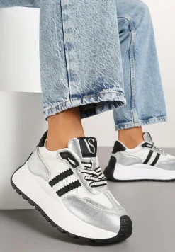 Biało-Srebrne Sneakersy Vices na Platformie z Metalicznymi Paskami Lenela