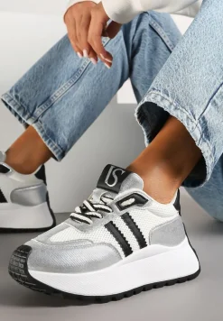 Biało-Srebrne Sneakersy Vices na Platformie z Metalicznymi Paskami Lenela
