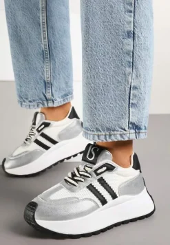 Biało-Srebrne Sneakersy Vices na Platformie z Metalicznymi Paskami Lenela
