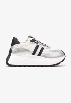 Biało-Srebrne Sneakersy Vices na Platformie z Metalicznymi Paskami Lenela