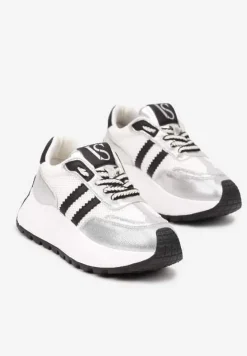 Biało-Srebrne Sneakersy Vices na Platformie z Metalicznymi Paskami Lenela