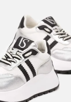 Biało-Srebrne Sneakersy Vices na Platformie z Metalicznymi Paskami Lenela