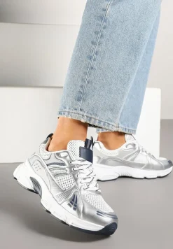 Biało-Srebrne Streetwearowe Sneakersy ze Wstawkami z Siateczki Deylisse