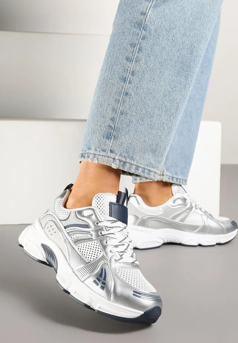 Biało-Srebrne Streetwearowe Sneakersy ze Wstawkami z Siateczki Deylisse