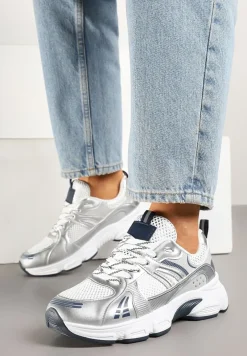 Biało-Srebrne Streetwearowe Sneakersy ze Wstawkami z Siateczki Deylisse