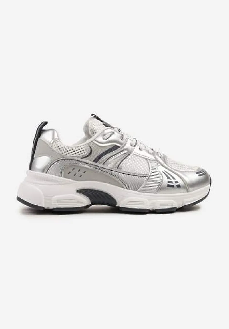 Biało-Srebrne Streetwearowe Sneakersy ze Wstawkami z Siateczki Deylisse