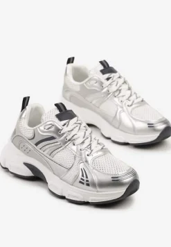 Biało-Srebrne Streetwearowe Sneakersy ze Wstawkami z Siateczki Deylisse