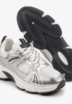 Biało-Srebrne Streetwearowe Sneakersy ze Wstawkami z Siateczki Deylisse