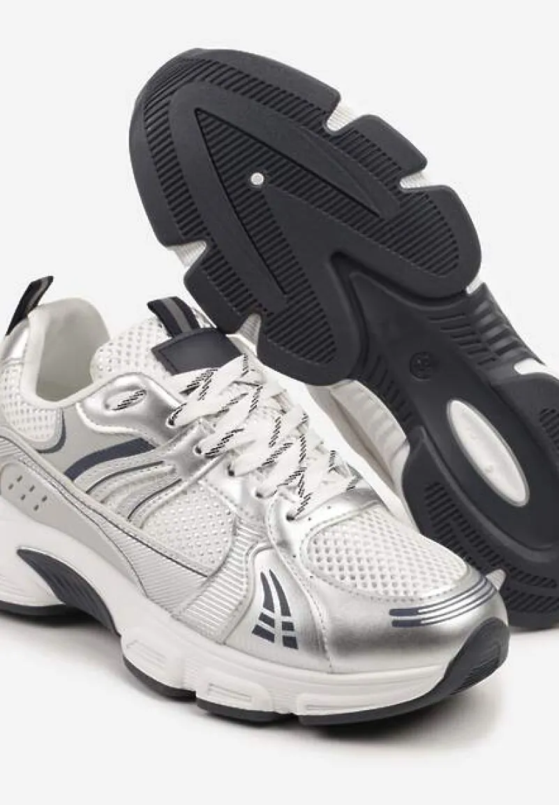 Biało-Srebrne Streetwearowe Sneakersy ze Wstawkami z Siateczki Deylisse