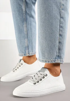 Biało-Srebrne Tenisówki Ozdobione Cyrkoniami i Perforacją Liradena