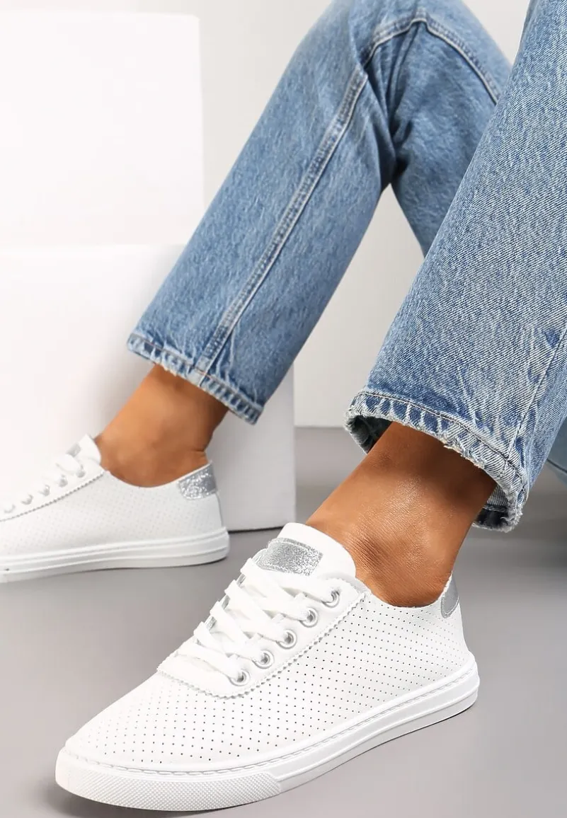 Biało-Srebrne Tenisówki ze Skóry ze Wstawkami z Brokatu Klerioa