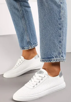 Biało-Srebrne Tenisówki ze Skóry ze Wstawkami z Brokatu Klerioa