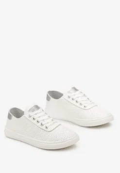 Biało-Srebrne Tenisówki ze Skóry ze Wstawkami z Brokatu Klerioa