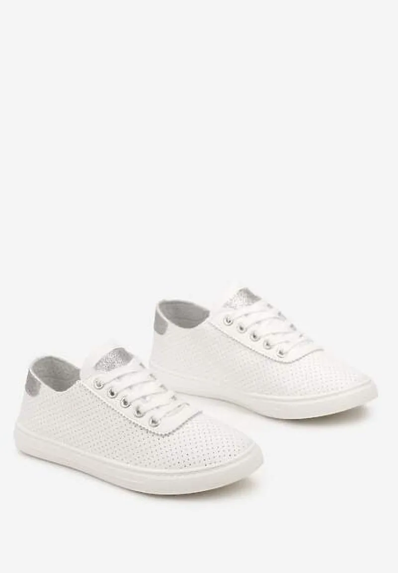 Biało-Srebrne Tenisówki ze Skóry ze Wstawkami z Brokatu Klerioa