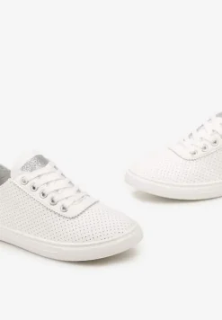 Biało-Srebrne Tenisówki ze Skóry ze Wstawkami z Brokatu Klerioa