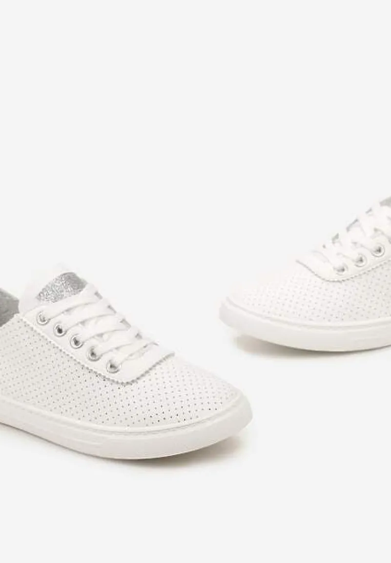 Biało-Srebrne Tenisówki ze Skóry ze Wstawkami z Brokatu Klerioa