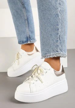 Biało-Szampańskie Sneakersy na Platformie z Perełkami i Metalowymi Kuleczkami Selavia