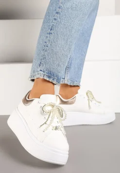Biało-Szampańskie Sneakersy na Platformie z Perełkami i Metalowymi Kuleczkami Selavia