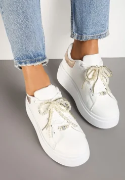 Biało-Szampańskie Sneakersy na Platformie z Perełkami i Metalowymi Kuleczkami Selavia