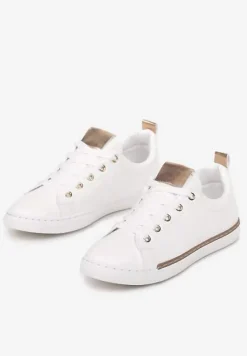 Biało-Szampańskie Sneakersy na Płaskiej Podeszwie z Imitacji Skóry Shalmeasi