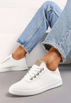 Biało-Szampańskie Tenisówki z Drobną Perforacją i Odblaskową Wstawką Ganira