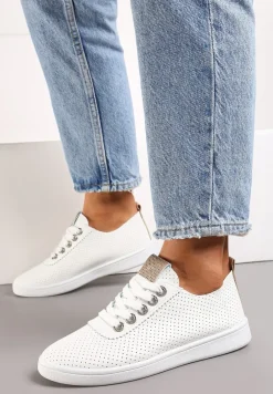 Biało-Szampańskie Tenisówki z Drobną Perforacją i Odblaskową Wstawką Ganira