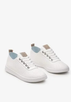 Biało-Szampańskie Tenisówki z Drobną Perforacją i Odblaskową Wstawką Ganira