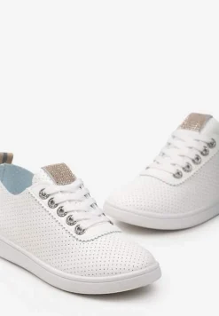 Biało-Szampańskie Tenisówki z Drobną Perforacją i Odblaskową Wstawką Ganira