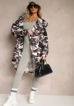 Biało-Szara Niezapinana Kurtka Wiatrówka z Troczkami i Nieodpinanym Kapturem Irilani