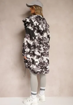 Biało-Szara Niezapinana Kurtka Wiatrówka z Troczkami i Nieodpinanym Kapturem Irilani