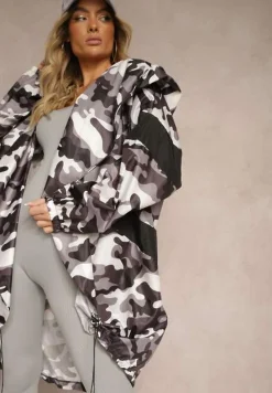 Biało-Szara Niezapinana Kurtka Wiatrówka z Troczkami i Nieodpinanym Kapturem Irilani