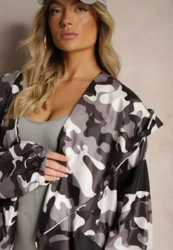 Biało-Szara Niezapinana Kurtka Wiatrówka z Troczkami i Nieodpinanym Kapturem Irilani